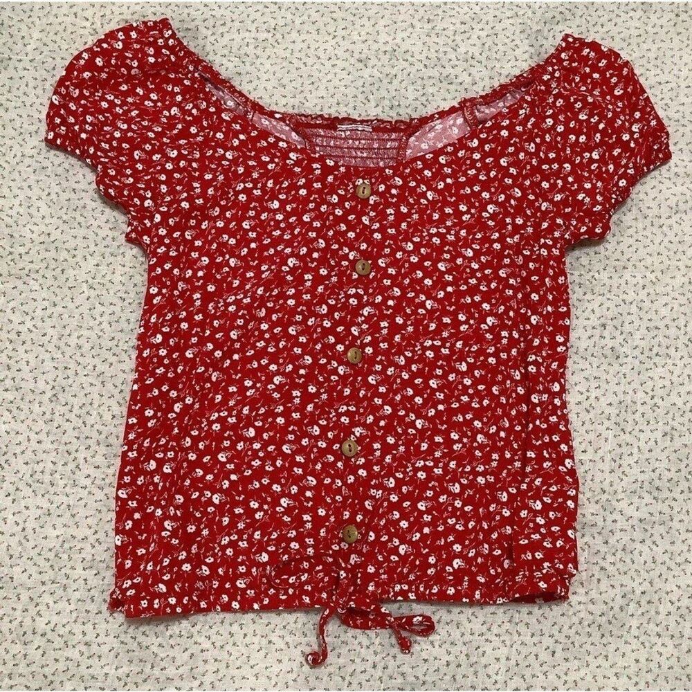 Red Dainty Floral‎ Feminine Cottagecore Puff Sleeve Peasant Milkmaid Blouse XS